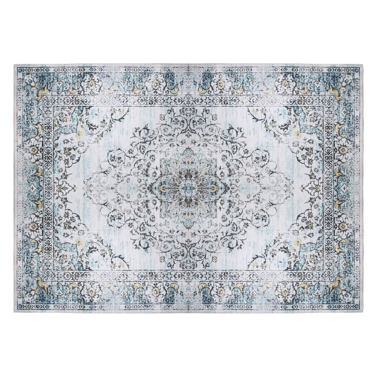 Edge Collections - Blue - Vintage Area Rug Tribal Pattern Soft Waterproof Machine Washable - 1 Piece
